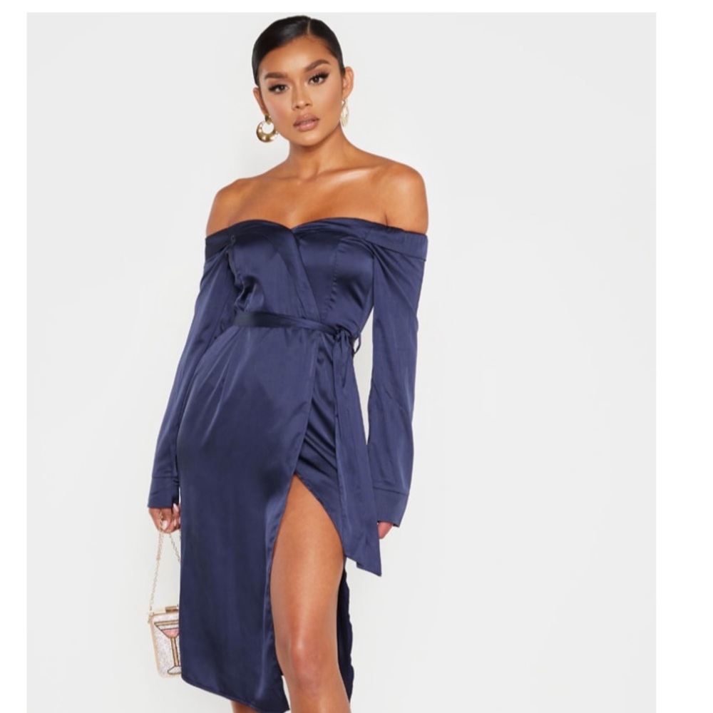 Navy Satin Bardot Lapel Detail Wrap Midi Dress